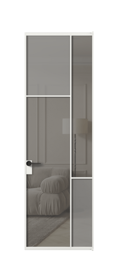 Межкомнатная дверь Mosaic АЛПЛ041.10 Алюминий белоснежный Сатинированное серое стекло, триплекс, 6 мм + Прозрачное серое стекло, триплекс Цена 140550 ₽ | Volhovec