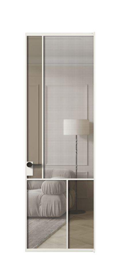 Межкомнатная дверь Mosaic АЛПЛ041.20 Алюминий светло-серый Декоративное стекло с сеткой "Mesh silver", триплекс, 6 мм + Прозрачное бронзовое стекло, триплекс Цена 132572 ₽ | Volhovec