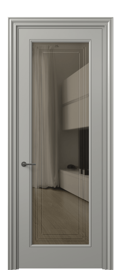 Межкомнатная дверь Маскот 8400 Матовый нейтральный серый Прозрачное бронзовое стекло с гравировкой "Грани", триплекс Цена 99000 ₽ | Volhovec