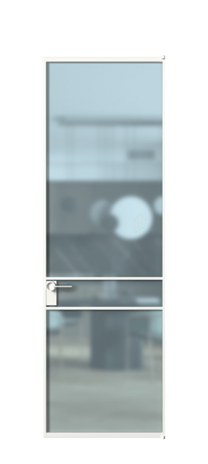 Алюминиевая дверь АЛПЛ040.02 Алюминий Белый Сатинированное голубое стекло, триплекс Цена 152870  | Volhovec