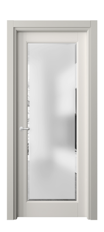 Межкомнатная дверь Тоскана Элегантэ 6300 Матовый пудровый белый Сатинированное стекло с фацетом Цена 115920 ₽ | Volhovec