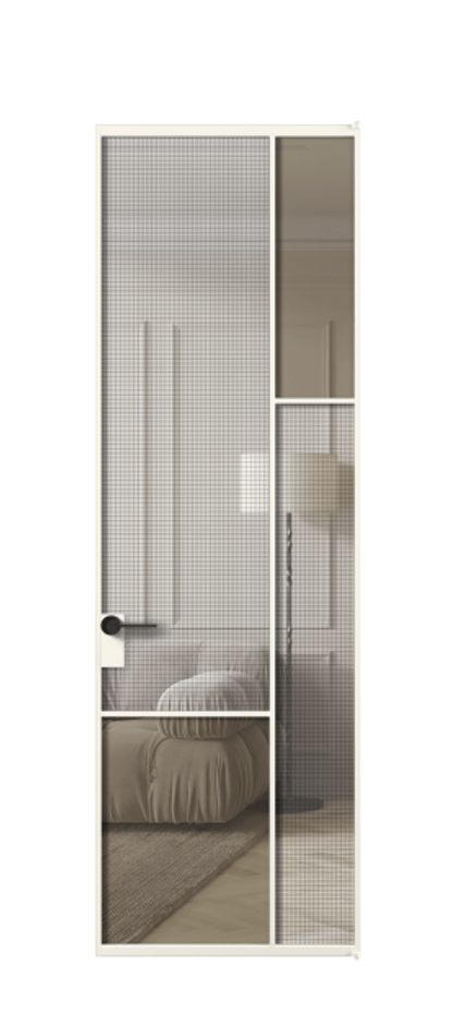 Межкомнатная дверь Mosaic АЛПЛ041.12 Алюминий пудровый белый Декоративное стекло с сеткой "Mesh silver", триплекс, 6 мм + Прозрачное бронзовое стекло, триплекс Цена 145830 ₽ | Volhovec