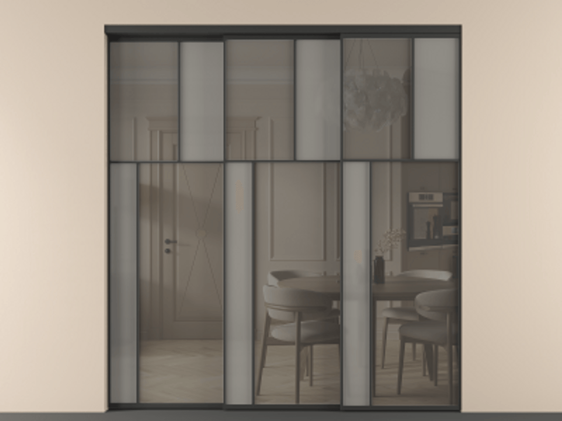 Перегородка Mosaic внутри проёма телескопик синхро 2 АЛПР 041.22 Алюминий Черный Сатинированное серое стекло, триплекс, 6 мм + Прозрачное серое стекло, триплекс Цена 432670 ₽ | Volhovec