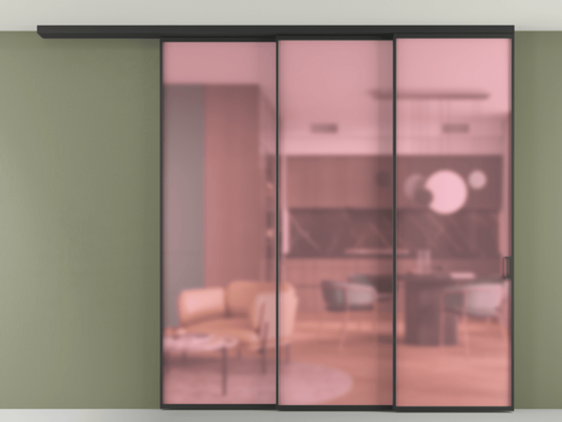 Перегородка Формато вдоль стены на потолок 3 створки с синхронным механизмом АЛПР 040.01 Алюминий Черный Сатинированное розовое стекло, триплекс Цена 436360 ₽ | Volhovec