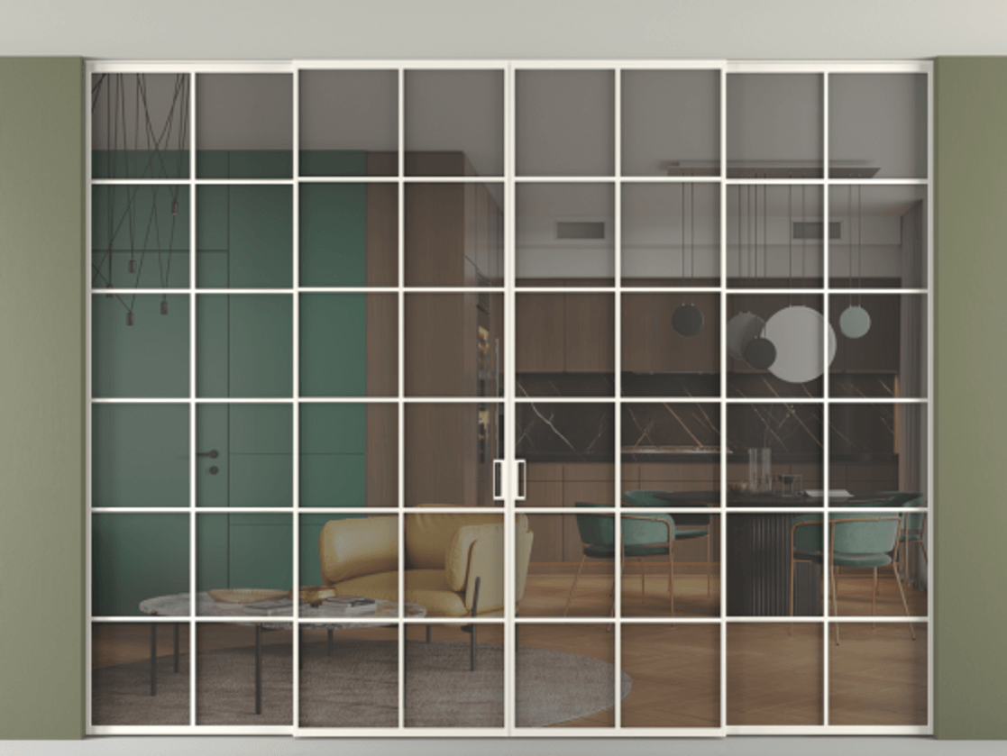 Перегородка Formato внутри проёма скрытое крепление в потолок 4 створки АЛПР 040.05 Алюминий пудровый белый Прозрачное серое стекло, триплекс. Цена 613210 ₽ 1. Полотно 4 шт. (800/2100 мм)
2. Комплект установки раздвижной системы
3. Базовый комплект фурнитуры
4.Ручка RONDO. Фабрика дверей Волховец 8 (800) 551 43 19 Перегородка Formato внутри проёма скрытое крепление в потолок 4 створки АЛПР 040.05 Алюминий пудровый белый Прозрачное серое стекло, триплекс Цена 613210 ₽ | Volhovec