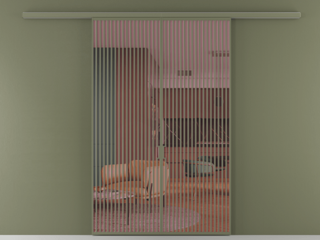 Перегородка Формато вдоль стены 2 створки АЛПР 040.06 Алюминий оливковый тёмный Прозрачное розовое стекло, триплекс Цена 431710 ₽ | Volhovec