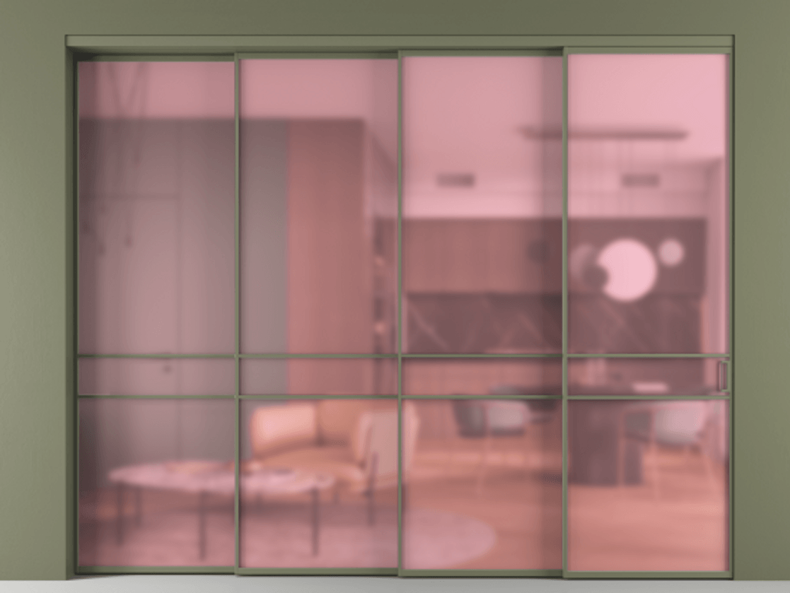 Перегородка Formato внутри проёма 4 створки с синхронным механизмом АЛПР 040.02 Алюминий оливковый тёмный Сатинированное розовое стекло, триплекс Цена 538440 ₽ | Volhovec