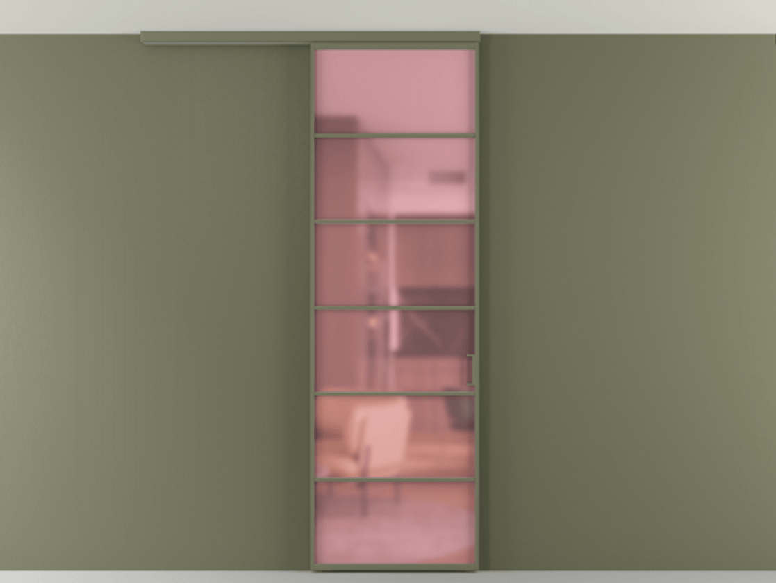 Перегородка Formato вдоль стены на потолок 1 створка АЛПР 040.04 Алюминий оливковый тёмный Сатинированное розовое стекло, триплекс Цена 123950 ₽ | Volhovec