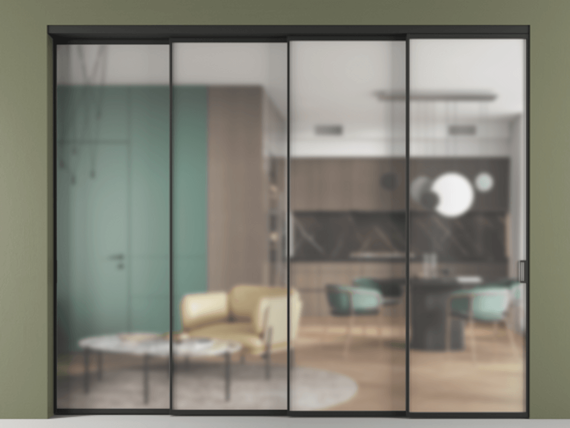 Перегородка Formato внутри проёма 4 створки с синхронным механизмом АЛПР 040.01 Алюминий Черный Сатинированное стекло "Matelux Crystal Vision", калёное, матовое, каленое 6 мм Цена 561550 ₽ | Volhovec