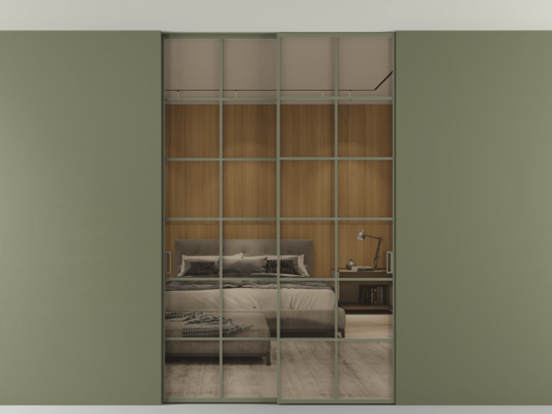 Перегородка Formato внутри проёма двустворчатая со скрытым креплением в потолок АЛПР 040.05 Алюминий оливковый тёмный Рефлективное бронзовое стекло "Stopsol", калёное Цена 335650 ₽ | Volhovec