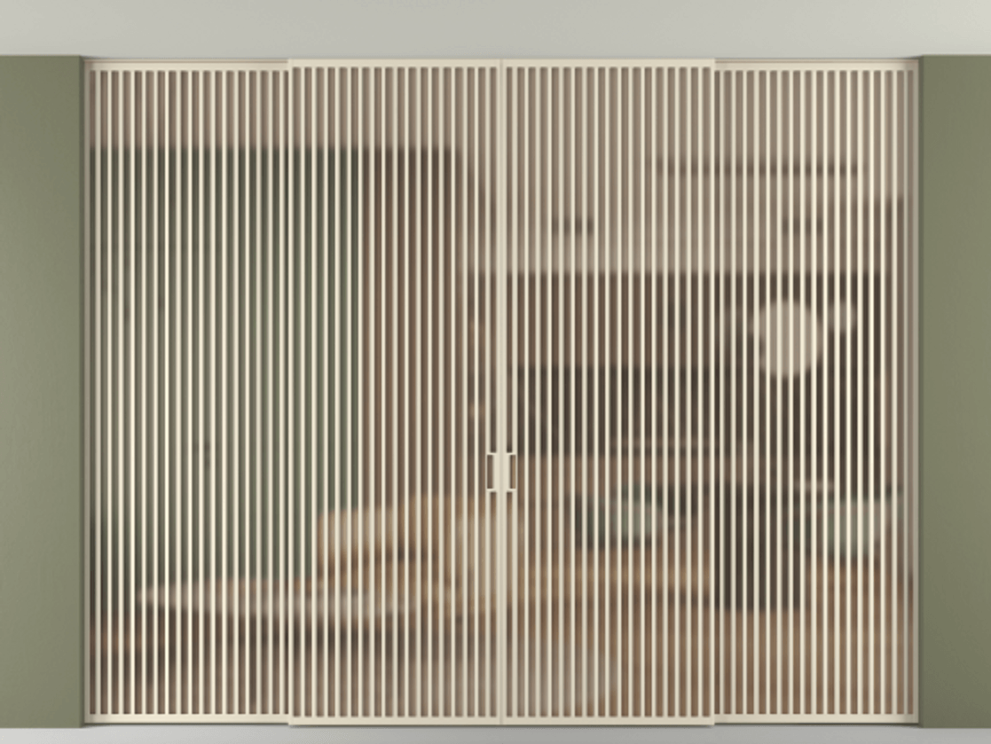 Перегородка Формато внутри проёма скрытое крепление в потолок 4 створки АЛПР 040.06 Алюминий бежево-серый Сатинированное оранжевое стекло, триплекс Цена 962410 ₽ | Volhovec