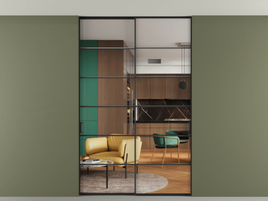 Перегородка Формато внутри проёма скрытое крепление в потолок 2 створки АЛПР 040.04 Алюминий Черный Прозрачное стекло "Кристал Вижн", калёное Цена 331160 ₽ | Volhovec