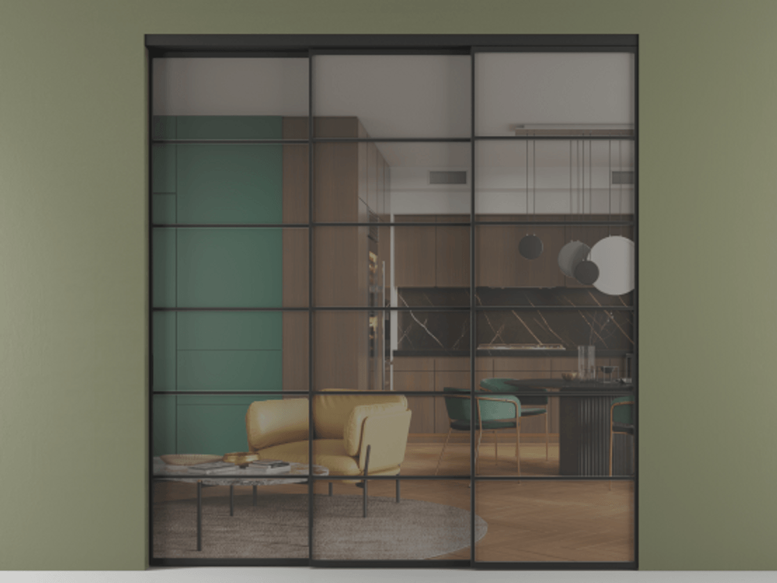 Перегородка Формато внутри проёма 3 створки с синхронным механизмом АЛПР 040.04 Алюминий Черный Прозрачное серое стекло, триплекс Цена 415630 ₽  | Volhovec