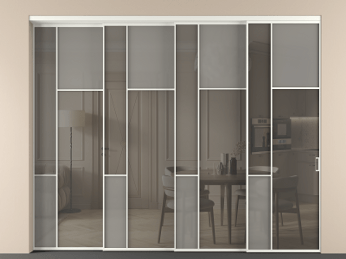 Перегородка Мозаик внутри проёма 4 створки с синхронным механизмом АЛПР 041.11 Алюминий тёплый серый Сатинированное серое стекло, триплекс, 6 мм + Прозрачное серое стекло, триплекс Цена 705020 ₽ | Volhovec