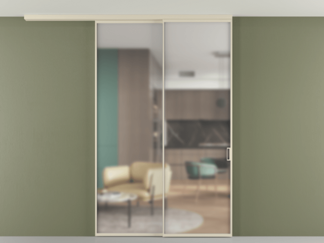 Перегородка Formato вдоль стены на потолок 2 створки с синхронным механизмом АЛПР 040.01 Алюминий бежево-серый Сатинированное стекло "Matelux Crystal Vision", калёное, матовое, каленое 6 мм Цена 346650 ₽ | Volhovec