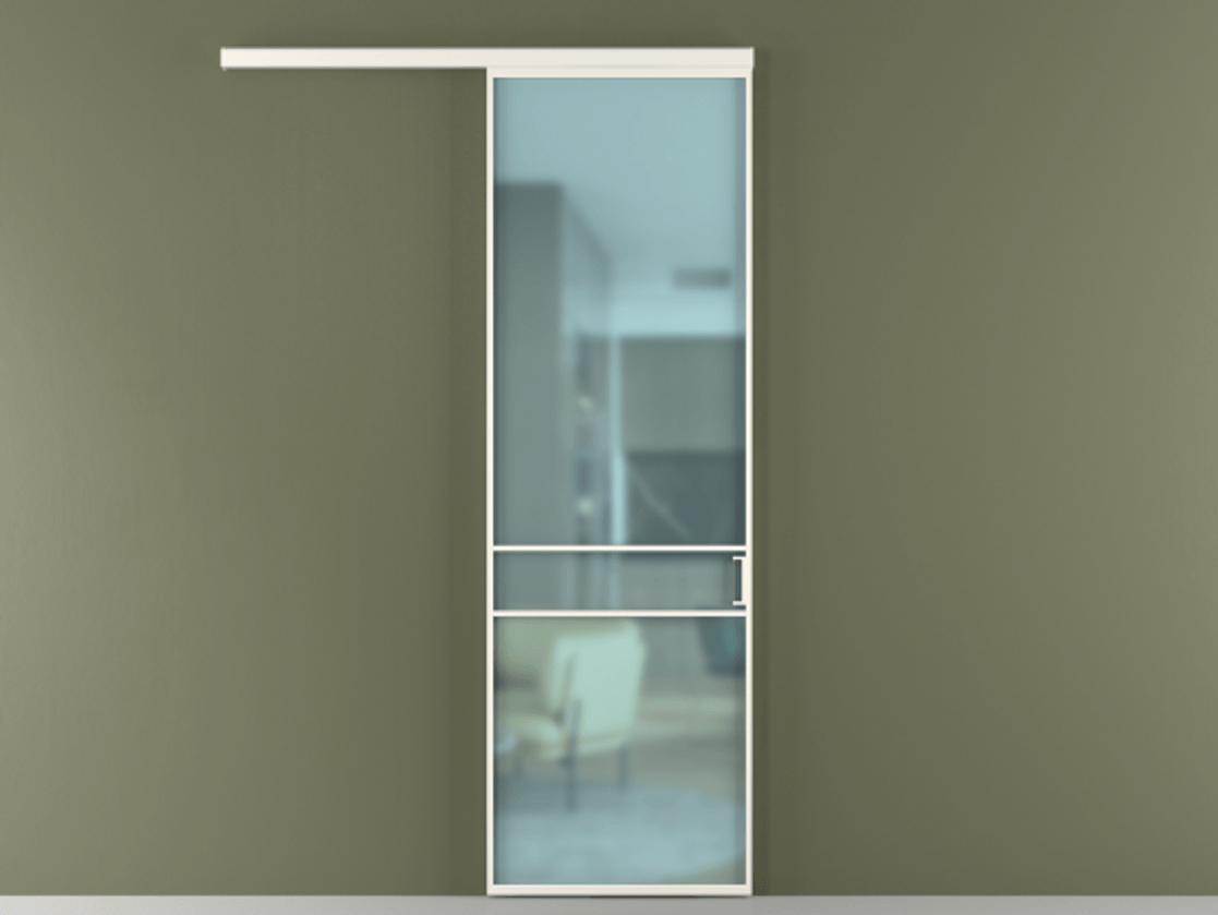 Перегородка Формато вдоль стены 1 створка АЛПР 040.02 Алюминий пудровый белый Сатинированное голубое стекло, триплекс Цена 127300 ₽  | Volhovec