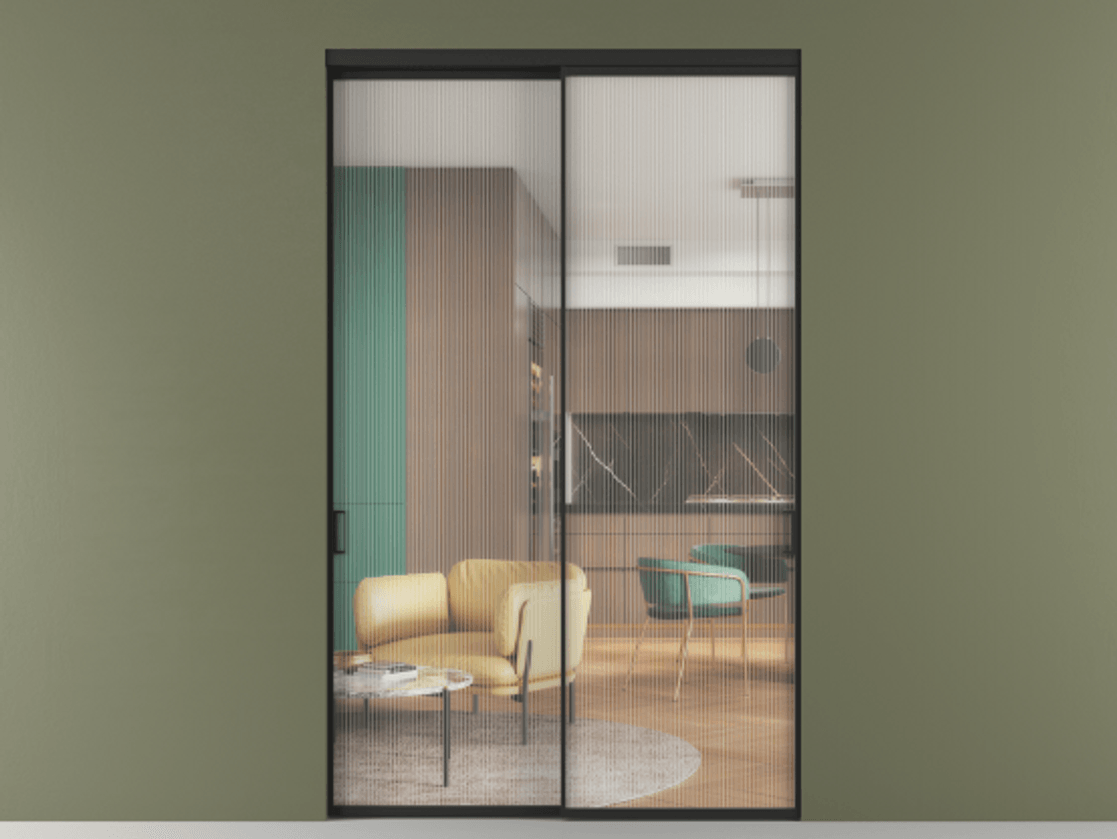 Перегородка Formato внутри проёма двустворчатая АЛПР 040.01 Алюминий Черный Рифлёное стекло "Moru", триплекс Цена 215160 ₽  | Volhovec