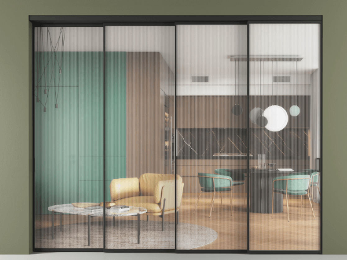 Перегородка Формато внутри проёма 4 створки с синхронным механизмом АЛПР 040.01 Алюминий Черный Рифлёное стекло "Мору", триплекс Цена 541270 ₽ | Volhovec