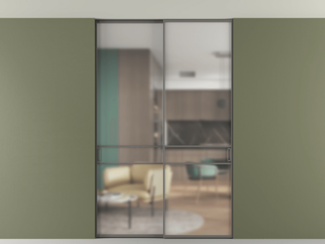 Перегородка Formato внутри проёма двустворчатая со скрытым креплением в потолок АЛПР 040.02 Алюминий классический серый Сатинированное стекло "Matelux Crystal Vision", калёное, матовое, каленое 6 мм Цена 317750 ₽ | Volhovec