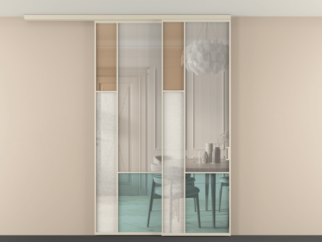 Перегородка Mosaic вдоль стены на потолок 2 створки с синхронным механизмом АЛПР 041.13 Алюминий бежево-серый Комбинация стекол Группы 1 и Группы 3 Цена 358080 ₽ | Volhovec