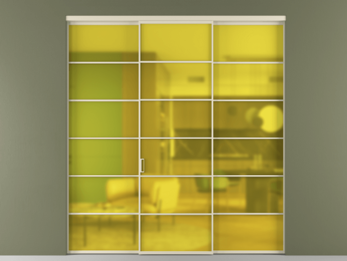 Перегородка Формато внутри проёма 3 створки АЛПР 040.04 Алюминий бежево-серый Сатинированное жёлтое стекло, триплекс Цена 320710 ₽ | Volhovec