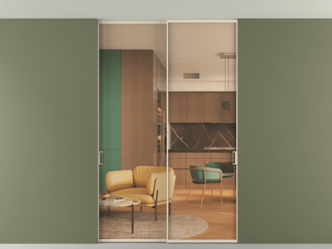 Перегородка Формато внутри проёма скрытое крепление в потолок 2 створки АЛПР 040.01 Алюминий бежево-серый Прозрачное оранжевое стекло, триплекс Цена 296370 ₽ | Volhovec