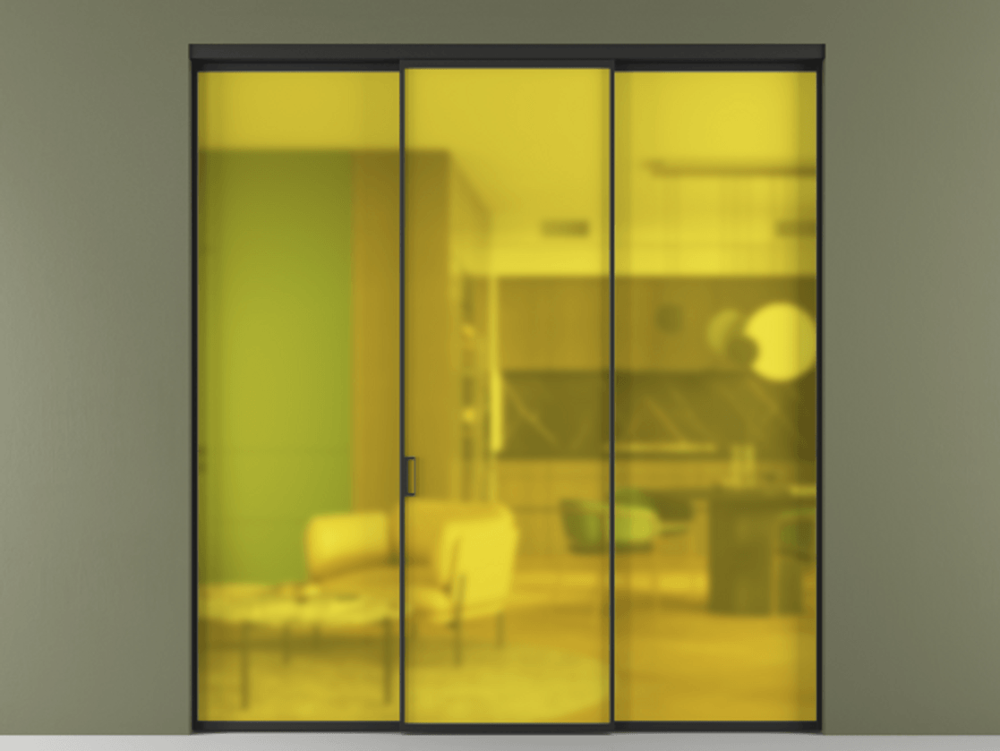 Перегородка Formato внутри проёма 3 створки АЛПР 040.01 Алюминий Черный Сатинированное жёлтое стекло, триплекс Цена 259530 ₽ | Volhovec