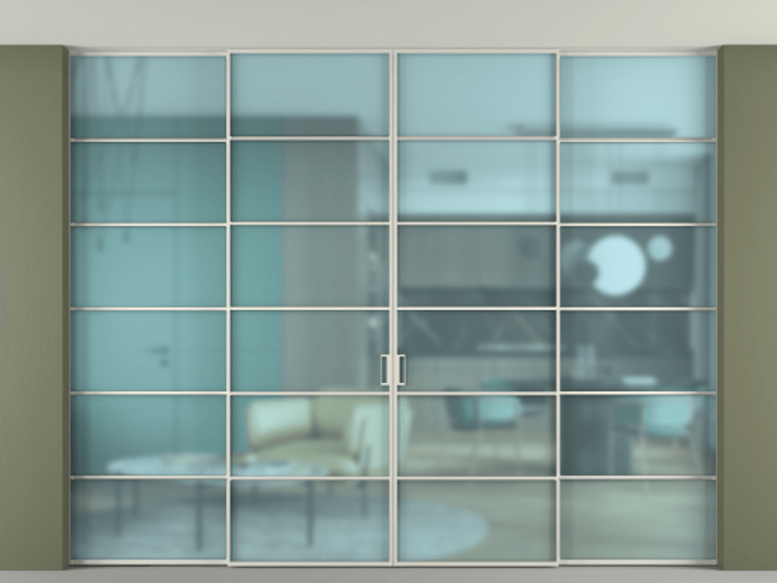 Перегородка Formato внутри проёма скрытое крепление в потолок 4 створки АЛПР 040.04 Алюминий Белый Сатинированное голубое стекло, триплекс Цена 543680 ₽ | Volhovec