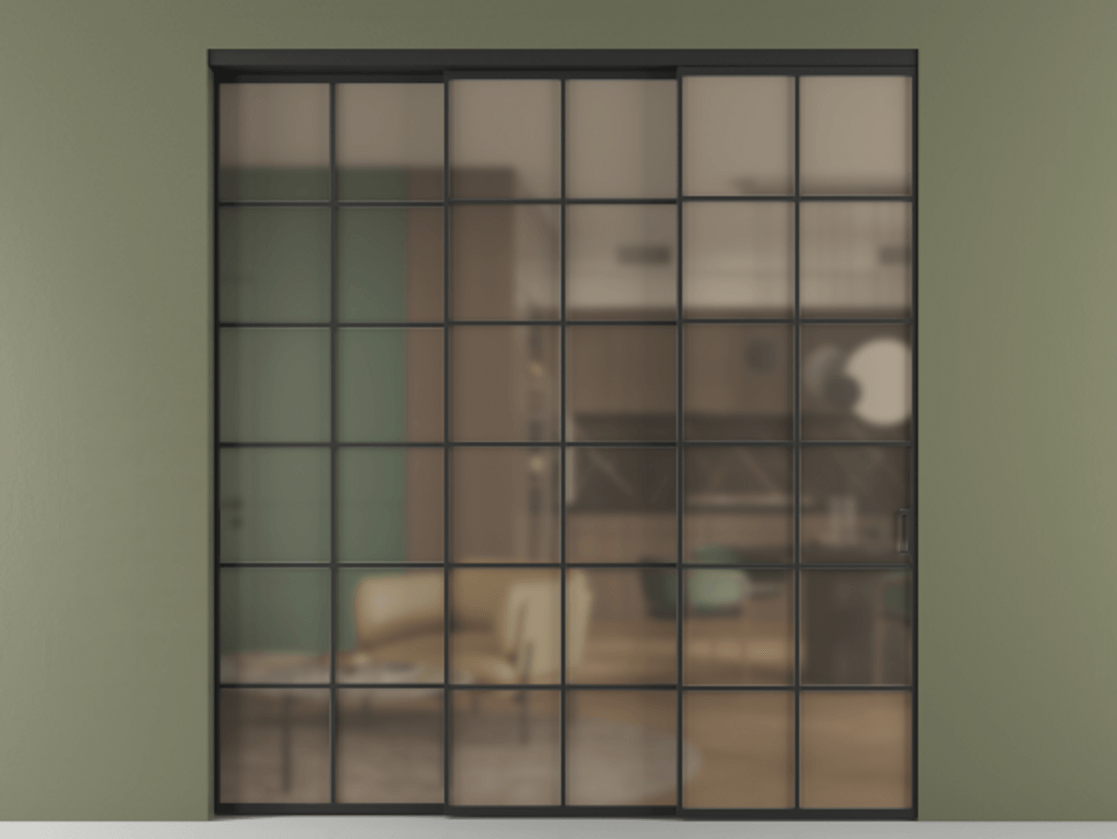 Перегородка Формато внутри проёма 3 створки с синхронным механизмом АЛПР 040.05 Алюминий Черный Сатинированное бронзовое стекло, триплекс Цена 415630 ₽  | Volhovec