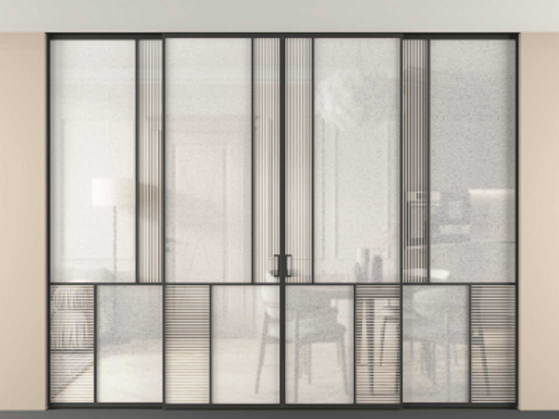 Перегородка Mosaic внутри проёма скрытое крепление в потолок 4 створки АЛПР 041.20 Алюминий Черный Рифлёное стекло "Дюна", триплекс, 6 мм + Фактурное стекло "Лёд", триплекс Цена 666750 ₽ | Volhovec