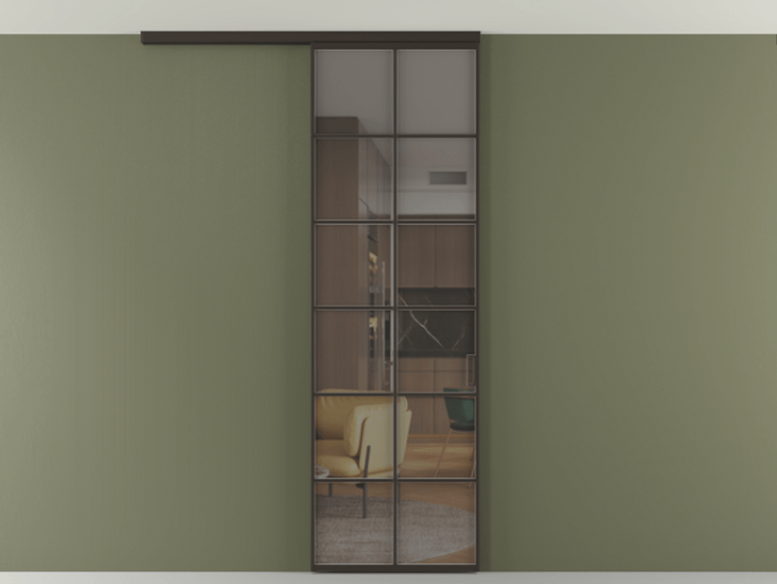 Перегородка Формато вдоль стены на потолок 1 створка АЛПР 040.05 Алюминий антрацит Прозрачное серое стекло, триплекс Цена 129420 ₽ | Volhovec