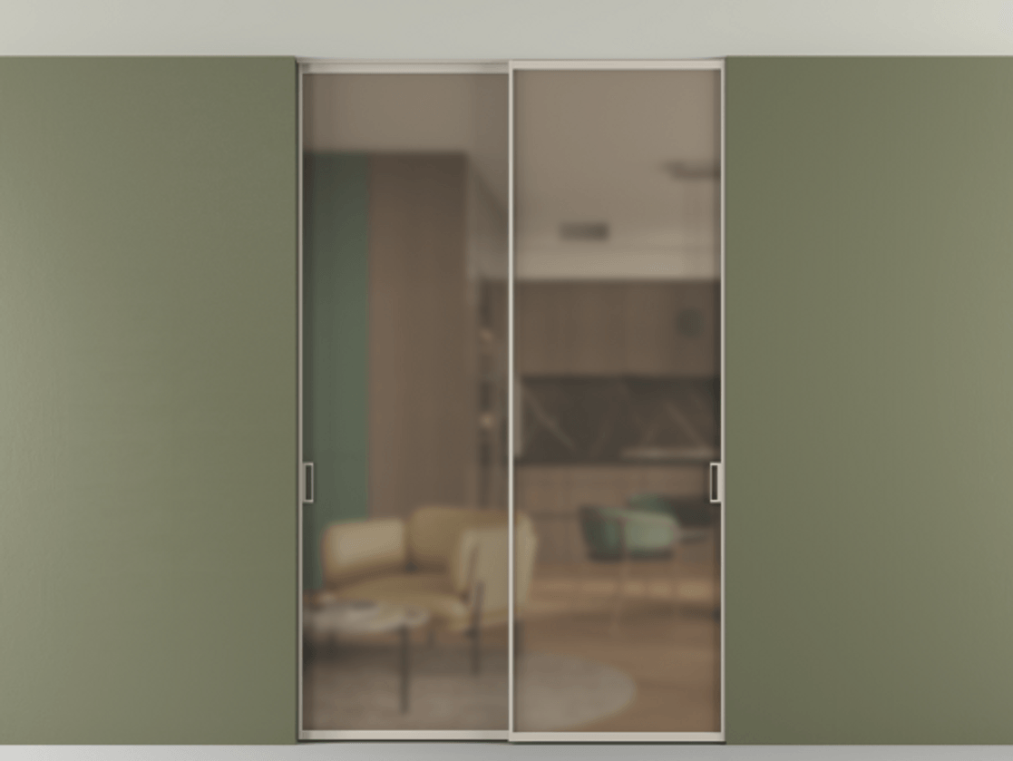 Перегородка Formato внутри проёма двустворчатая со скрытым креплением в потолок АЛПР 040.01 Алюминий светло-бежевый Сатинированное бронзовое стекло, триплекс Цена 287800 ₽ | Volhovec