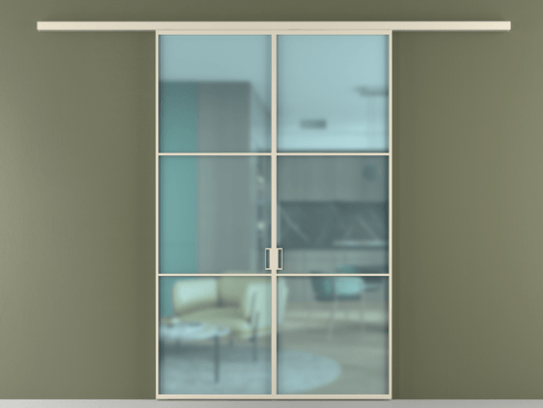 Межкомнатная дверь New Перегородка Formato вдоль стены двустворчатая АЛПР 040.03 Алюминий бежево-серый Сатинированное голубое стекло, триплекс, 6мм Цена 212700  | Volhovec