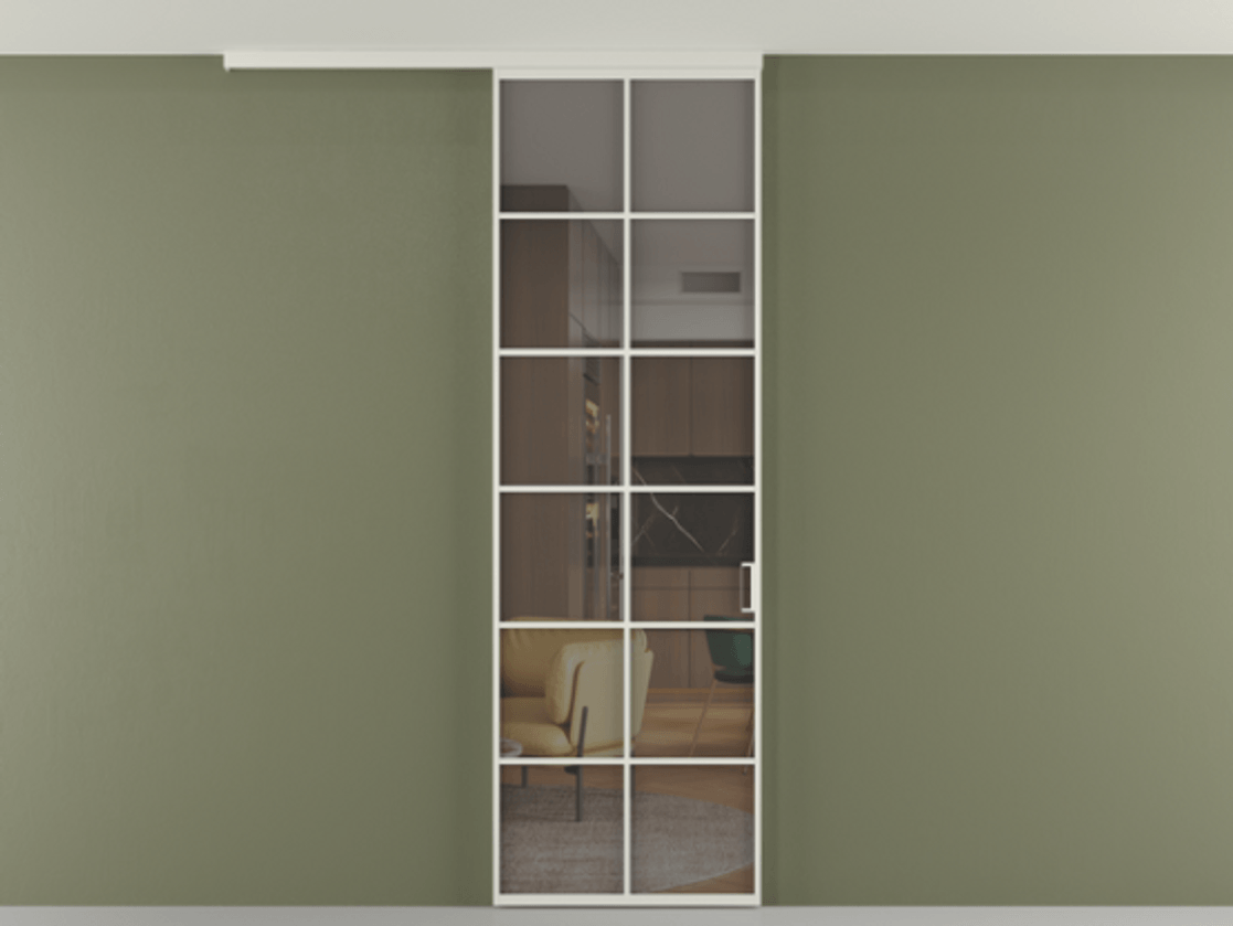 Перегородка Формато вдоль стены на потолок 1 створка АЛПР 040.05 Алюминий Белый Прозрачное серое стекло, триплекс Цена 124360 ₽ | Volhovec