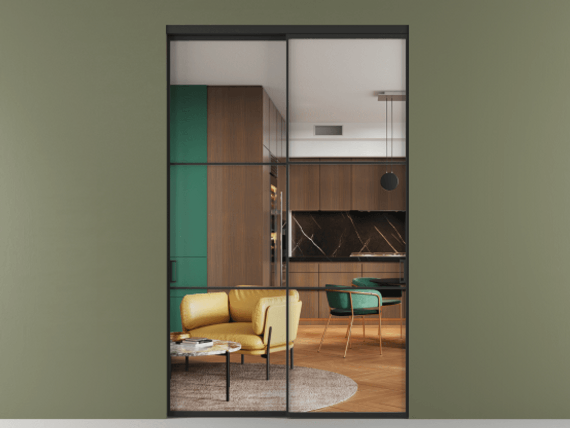 Перегородка Formato внутри проёма двустворчатая АЛПР 040.03 Алюминий Черный Прозрачное стекло "Crystal Vision", калёное Цена 225940 ₽  | Volhovec