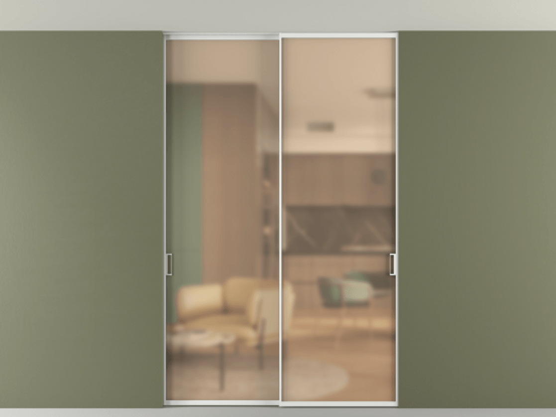 Перегородка Formato внутри проёма скрытое крепление в потолок 2 створки АЛПР 040.01 Алюминий белоснежный Сатинированное оранжевое стекло, триплекс Цена 287170 ₽ | Volhovec