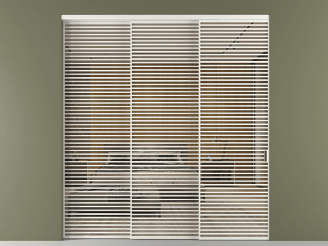 Перегородка Формато внутри проёма 3 створки с синхронным механизмом АЛПР 040.07 Алюминий светло-серый Рефлективное бронзовое стекло "Стопсол", калёное Цена 718730 ₽  | Volhovec