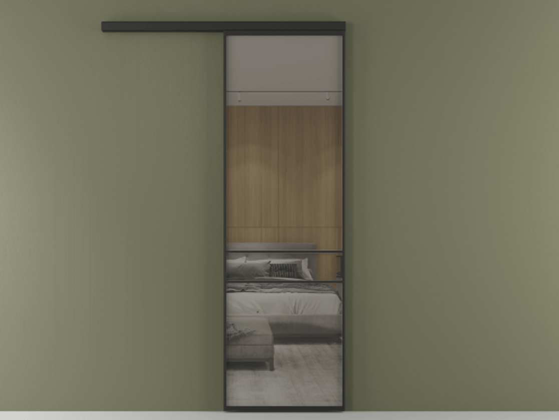 Перегородка Формато вдоль стены 1 створка АЛПР 040.02 Алюминий Черный Рефлективное серое стекло "Стопсол", калёное Цена 129960 ₽  | Volhovec