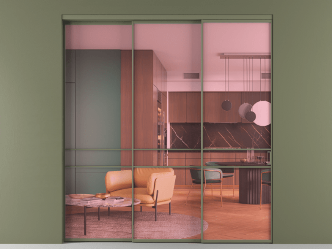 Перегородка Формато внутри проёма 3 створки с синхронным механизмом АЛПР 040.02 Алюминий оливковый тёмный Прозрачное розовое стекло, триплекс Цена 413450 ₽  | Volhovec