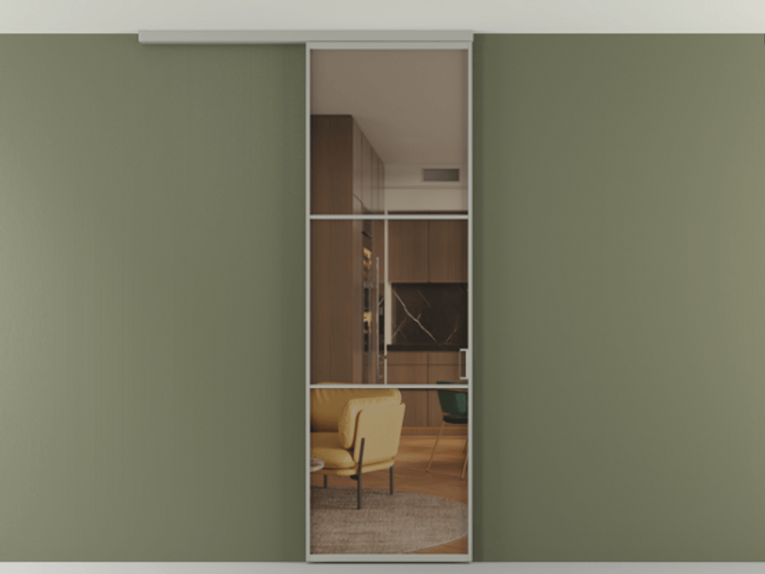 Перегородка Формато вдоль стены на потолок 1 створка АЛПР 040.03 Алюминий нейтральный серый Прозрачное бронзовое стекло, триплекс Цена 121190 ₽ | Volhovec