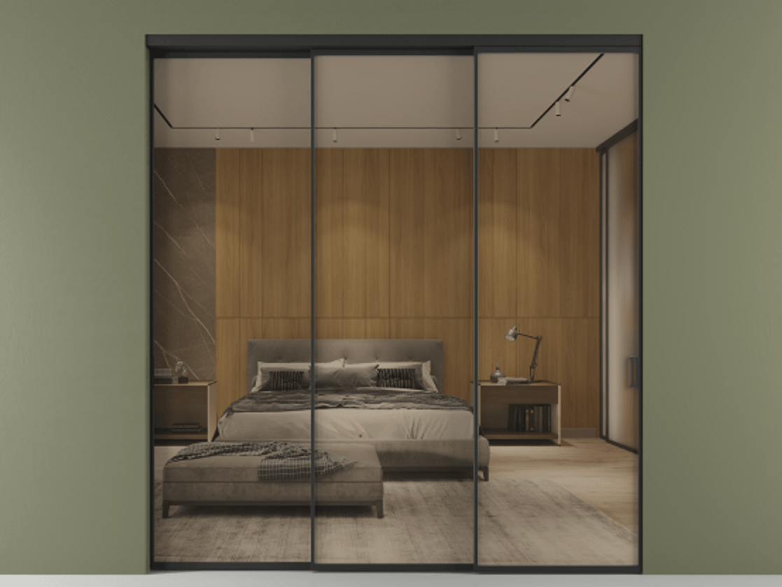 Перегородка Formato внутри проёма 3 створки с синхронным механизмом АЛПР 040.01 Алюминий Черный Рефлективное бронзовое стекло "Stopsol", калёное Цена 417890 ₽  | Volhovec