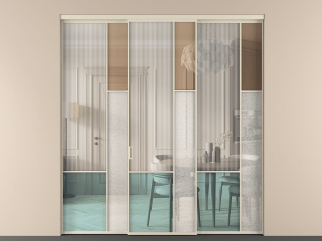 Перегородка Mosaic внутри проёма 3 створки АЛПР 041.12 Алюминий бежево-серый Комбинация стекол Группы 1 и Группы 3 Цена 359390 ₽ | Volhovec