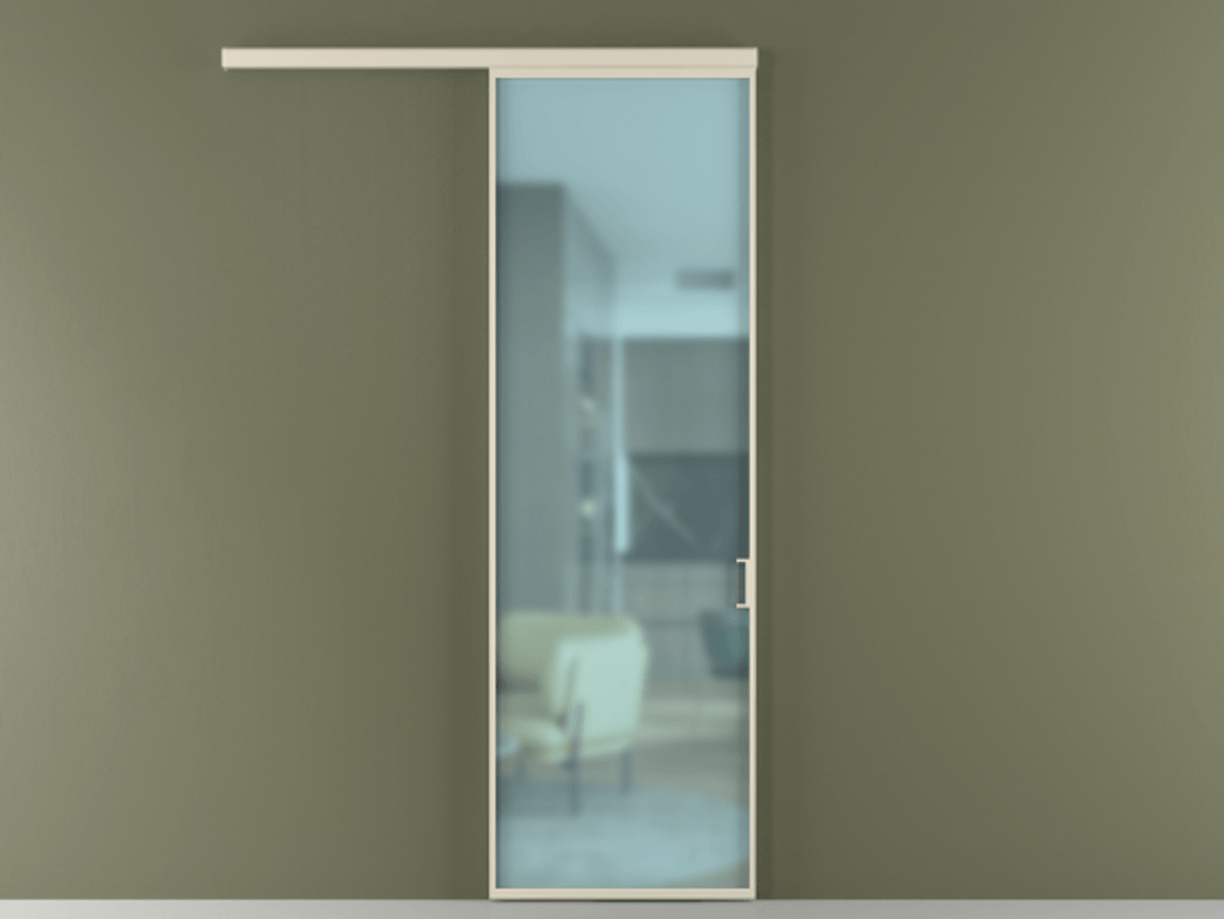 Перегородка Формато вдоль стены 1 створка АЛПР 040.01 Алюминий бежево-серый Сатинированное голубое стекло, триплекс Цена 122110 ₽  | Volhovec