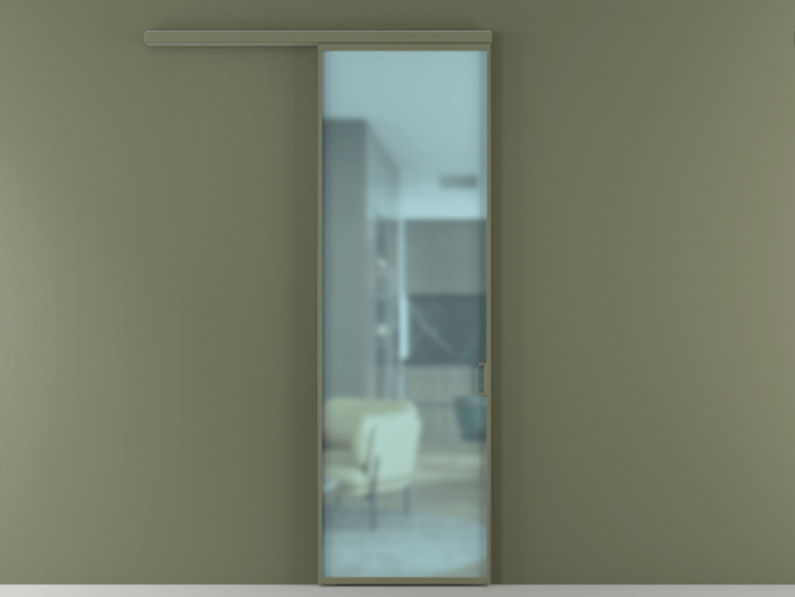 Перегородка Formato вдоль стены 1 створка АЛПР 040.01 Алюминий оливковый тёмный Сатинированное голубое стекло, триплекс Цена 117930 ₽  | Volhovec