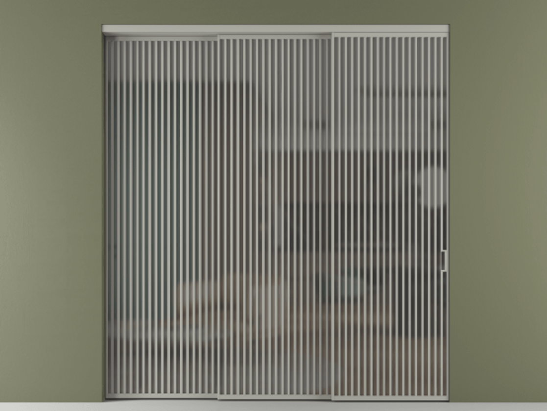 Перегородка Формато внутри проёма 3 створки с синхронным механизмом АЛПР 040.06 Алюминий нейтральный серый Сатинированное серое стекло, триплекс Цена 695690 ₽  | Volhovec