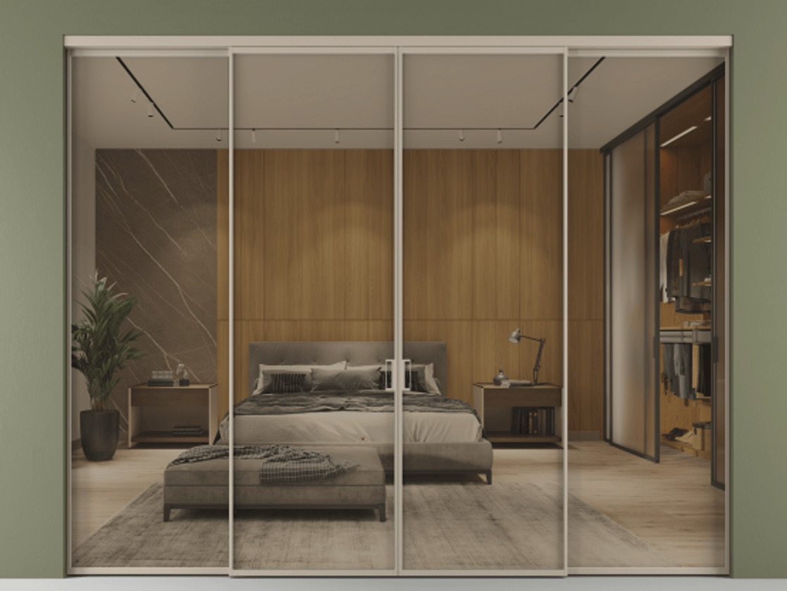 Перегородка Формато внутри проёма 4 створки АЛПР 040.01 Алюминий бисквитный Рефлективное бронзовое стекло "Стопсол", калёное Цена 414530 ₽  | Volhovec