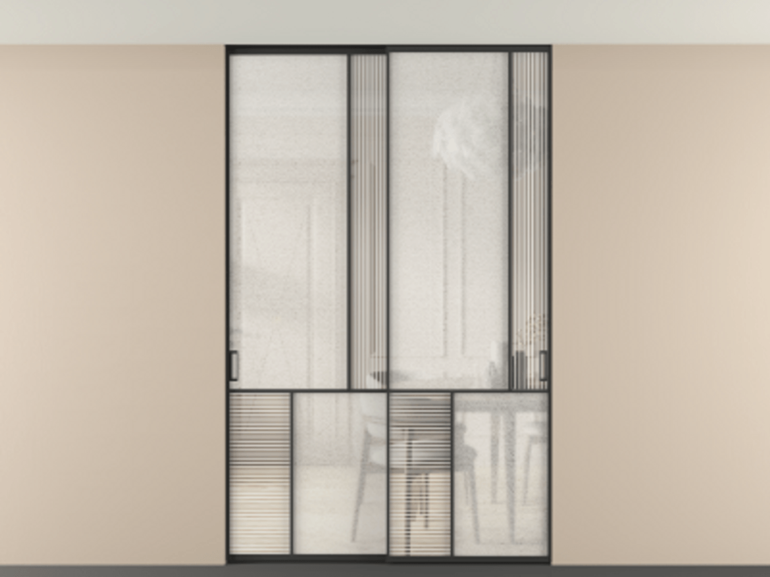 Перегородка Mosaic внутри проёма скрытое крепление в потолок 2 створки АЛПР 041.21 Алюминий Черный Рифлёное стекло "Дюна", триплекс, 6 мм + Фактурное стекло "Лёд", триплекс Цена 364120 ₽ | Volhovec