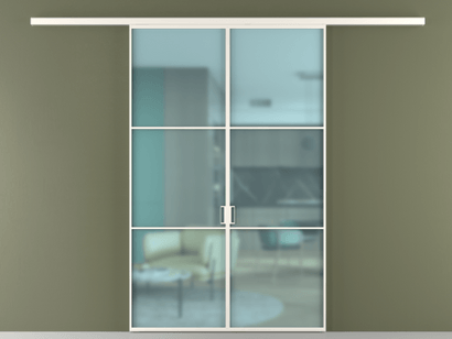 Алюминевая перегородка vd2_03_ Алюминий пудровый белый Сатинированное голубое стекло, триплекс, 6мм. Цвет Алюминий пудровый белый. Материал Алюминий в эмали. Коллекция Перегородка Formato вдоль стены двустворчатая. Картинка.