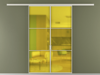 Алюминевая перегородка vd2_03_ Алюминий тёплый серый Сатинированное жёлтое стекло, триплекс, 6мм. Цвет Алюминий тёплый серый. Материал Алюминий в эмали. Коллекция Перегородка Formato вдоль стены двустворчатая. Картинка.