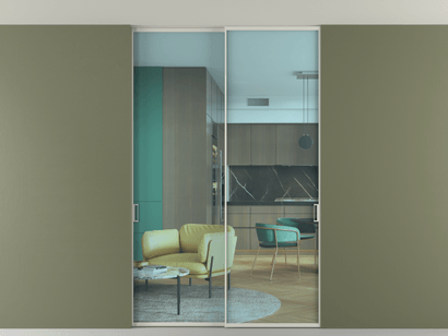 Алюминевая перегородка vn2_01 Алюминий тёплый серый Прозрачное голубое стекло, триплекс, 6мм. Цвет Алюминий тёплый серый. Материал Алюминий в эмали. Коллекция Перегородка Formato внутри проёма двустворчатая со скрытым креплением в потолок. Картинка.